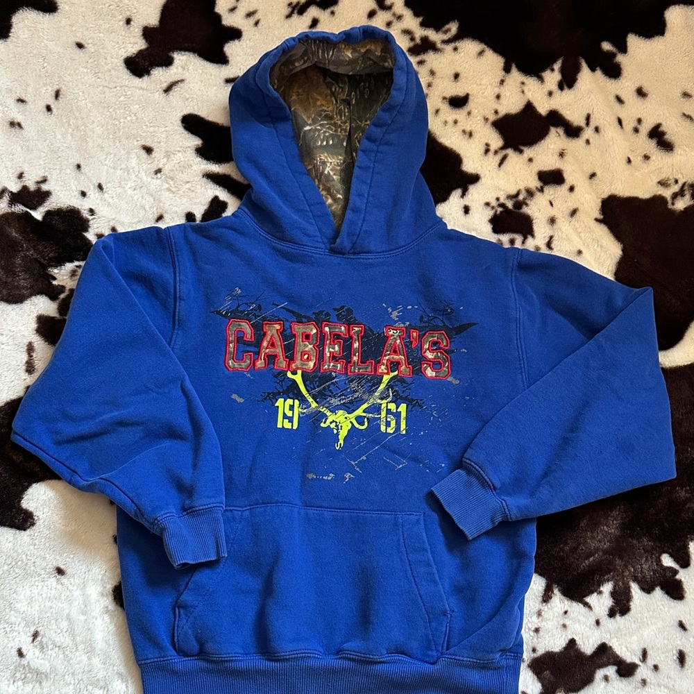 Cabela's Royal Blue Hoodie with Red and Yellow Accents